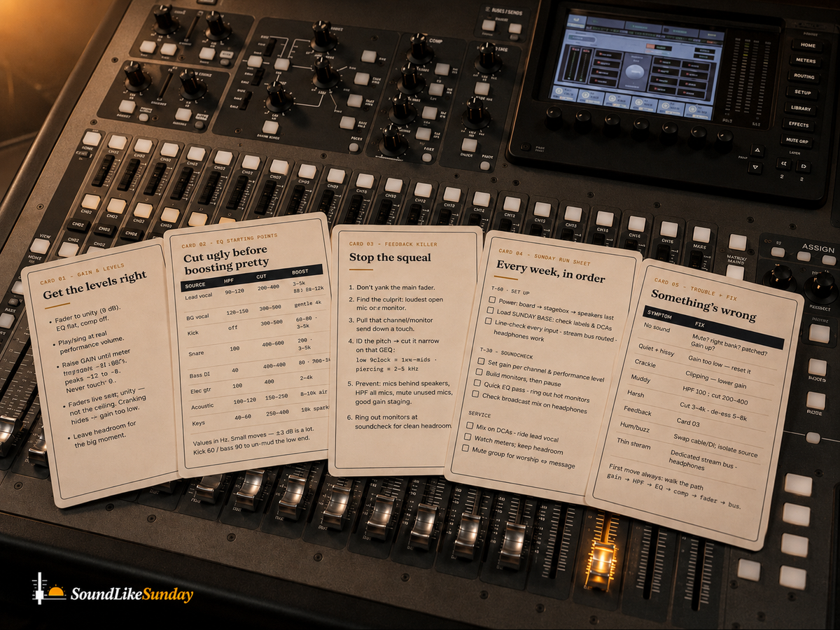 Printed SoundLikeSunday reference cards on a mixing console