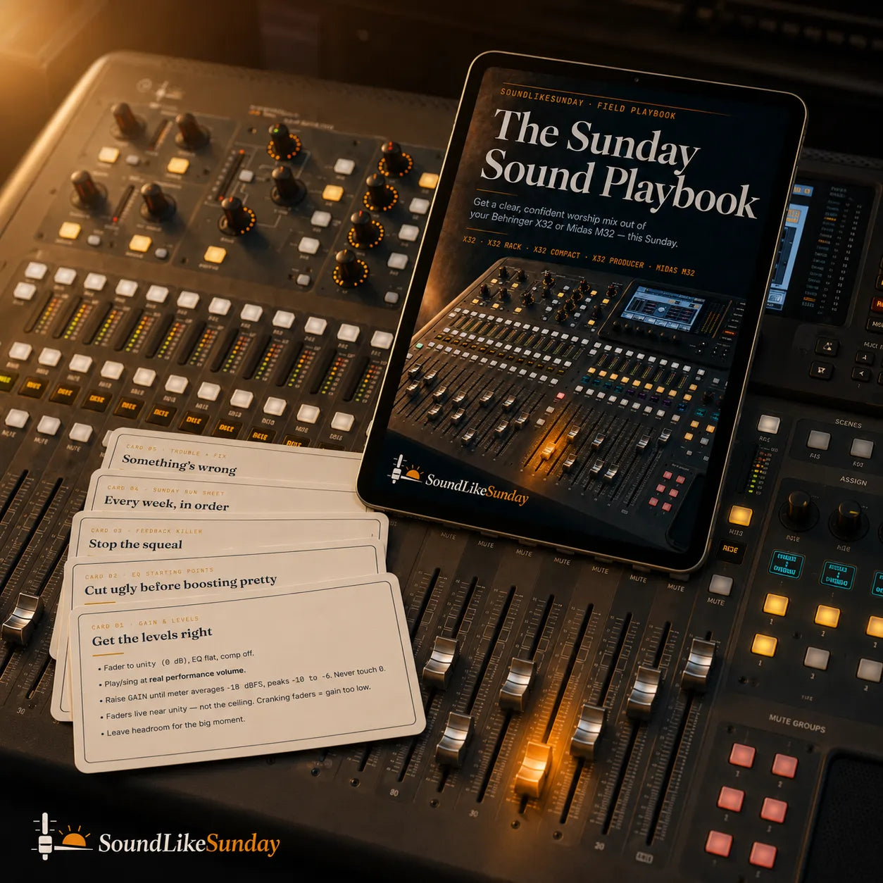 The Sunday Sound Playbook on an iPad beside its five printed reference cards on an X32 mixing console
